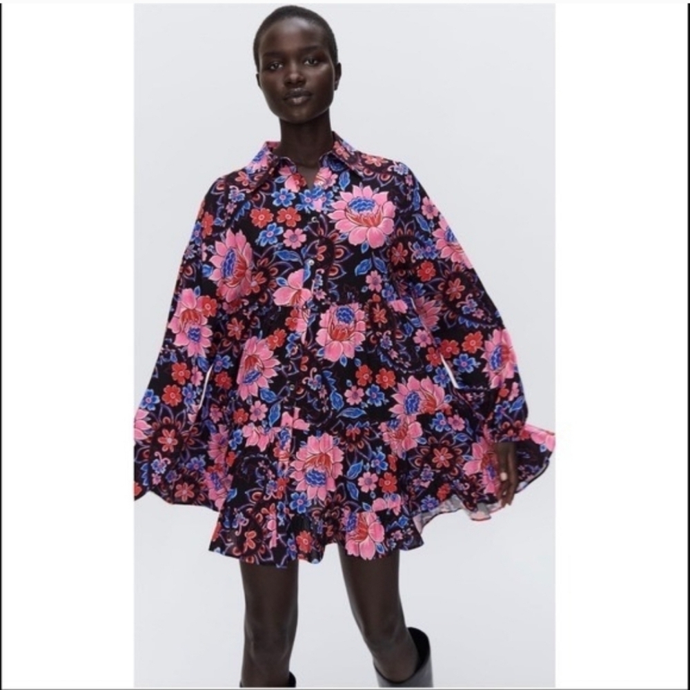 Zara Floral Print Dress With Long Sleeves NWT